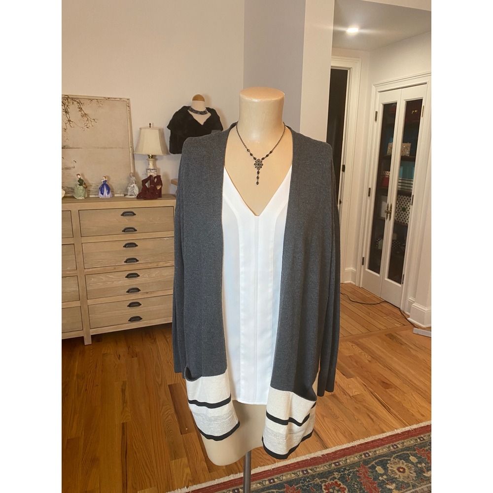 LOFT Ann Taylor Gray Colorblock Striped Hem Open Front Cardigan Pockets XS